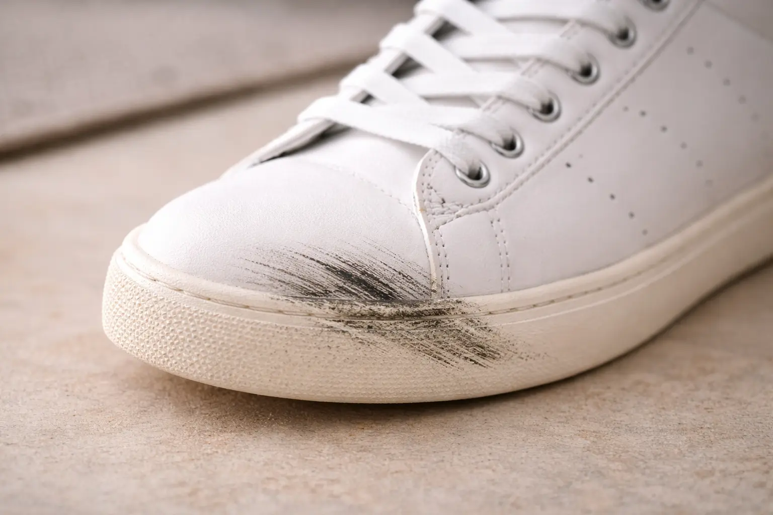 Before photo - shoe scuff marks on floor/wall